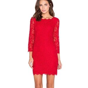 Diane Von Furstenberg Dress Lace Full Back Zip Midi Red - Size 4